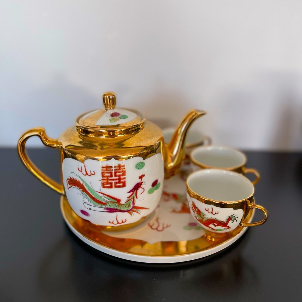 Vintage 22K Gold Dragon & Phoenix Porcelain Tea Set China, Hand Painted Gold